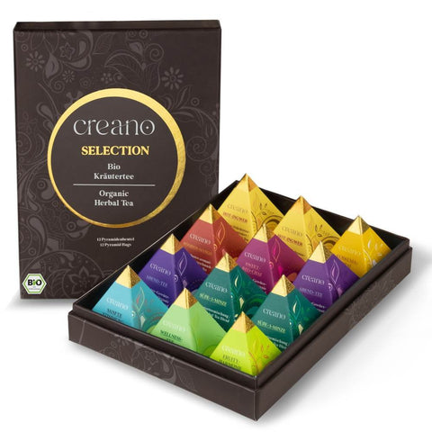 Bio Kräutertee Geschenkset „ORGANIC HERBAL TEA“ – Pyramiden - Teebeutel in 12 unterschiedlichen Sorten - Teekränzchen