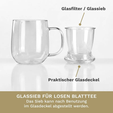 Creano Teeglas 450ml - Teetasse, Sieb & Deckel aus Glas - Teekränzchen