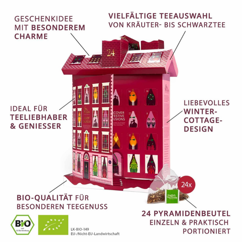 Tee Adventskalender "Winter Cottage“, 24 Pyramidenbeutel
