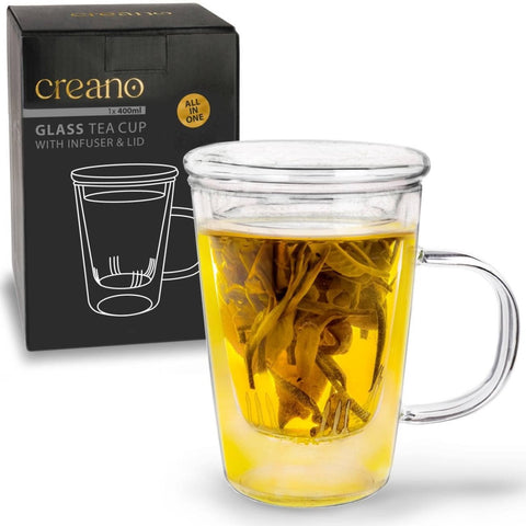 Creano Teeglas 400ml - Teetasse, Sieb & Deckel aus Glas - Teekränzchen