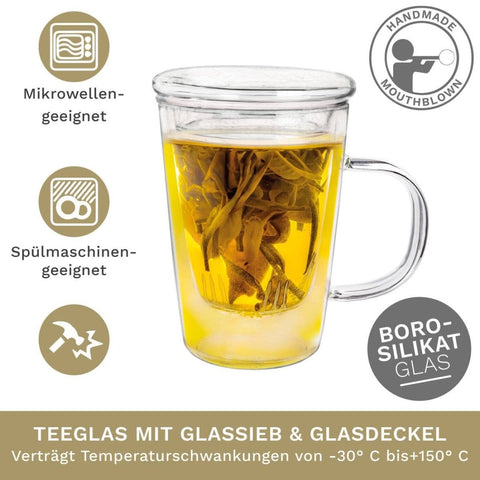 Creano Teeglas 400ml - Teetasse, Sieb & Deckel aus Glas - Teekränzchen