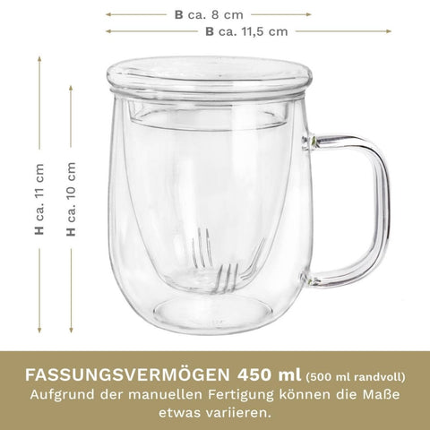 Creano Teeglas 450ml - Teetasse, Sieb & Deckel aus Glas - Teekränzchen