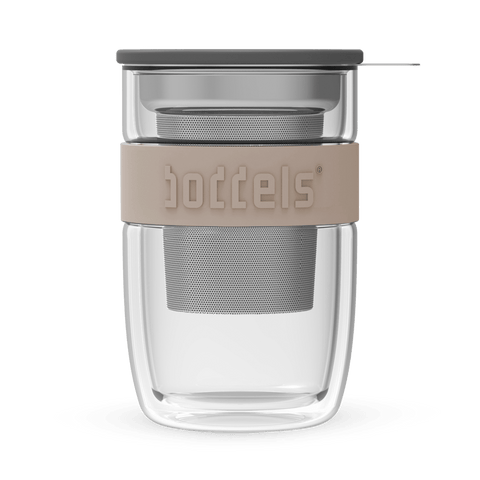 Doppelwandiger Glasbecher mit Sieb und Deckel in 5 Farben - Teekränzchen