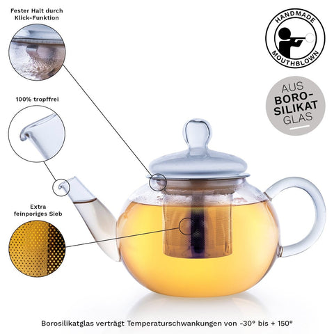 Glasteekanne 0,8 Liter mit Edelstahlsieb - Teekränzchen