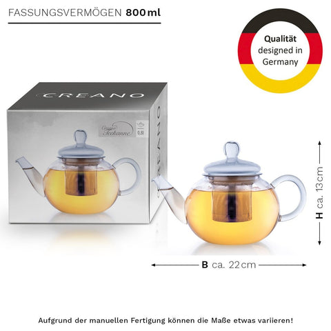 Glasteekanne 0,8 Liter mit Edelstahlsieb - Teekränzchen