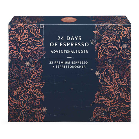 Kaffee Adventskalender "Espresso" inkl. Espressokocher, 24 verschiedene Espresso-Spezialitäten (gemahlen) - Teekränzchen